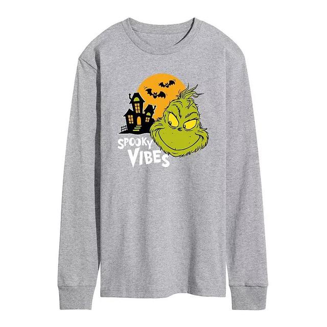 Mens Dr. Seuss Grinch Spooky Vibes Long Sleeve Graphic Tee Grey Gray Product Image