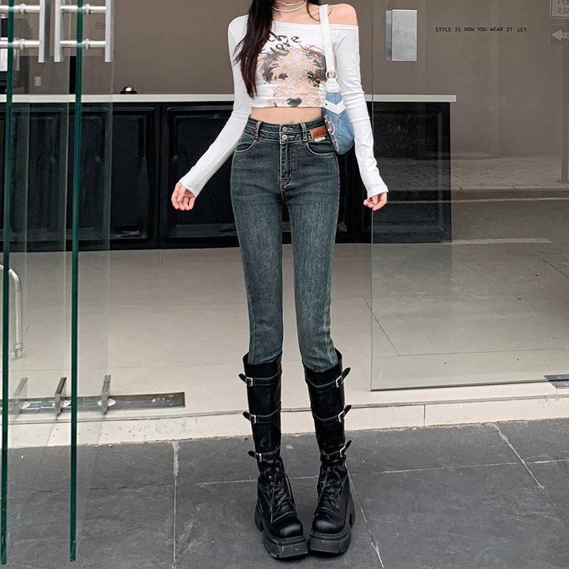 High Rise Washed Applique Skinny Jeans Product Image