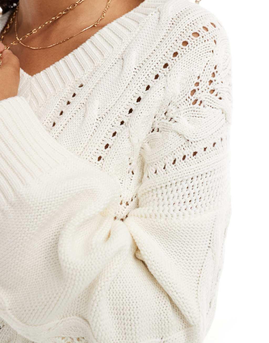 ASOS DESIGN v neck cable knit sweater in cream Product Image