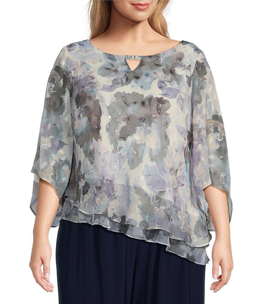 Alex Evenings Plus Size 3/4 Sleeve Cutout Scoop Neck Asymmetrical Tiered Hem Printed Chiffon Blouse Product Image