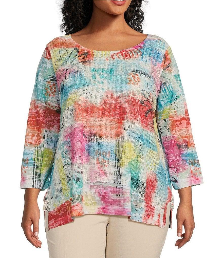 Ali Miles Plus Size Knit Abstract Print Round Neck 3/4 Sleeve Double Layered Popover Tunic Product Image