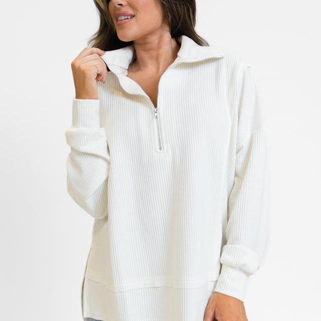 Fireside Festivities Cream Ribbed Quarter Zip Pullover Product Image