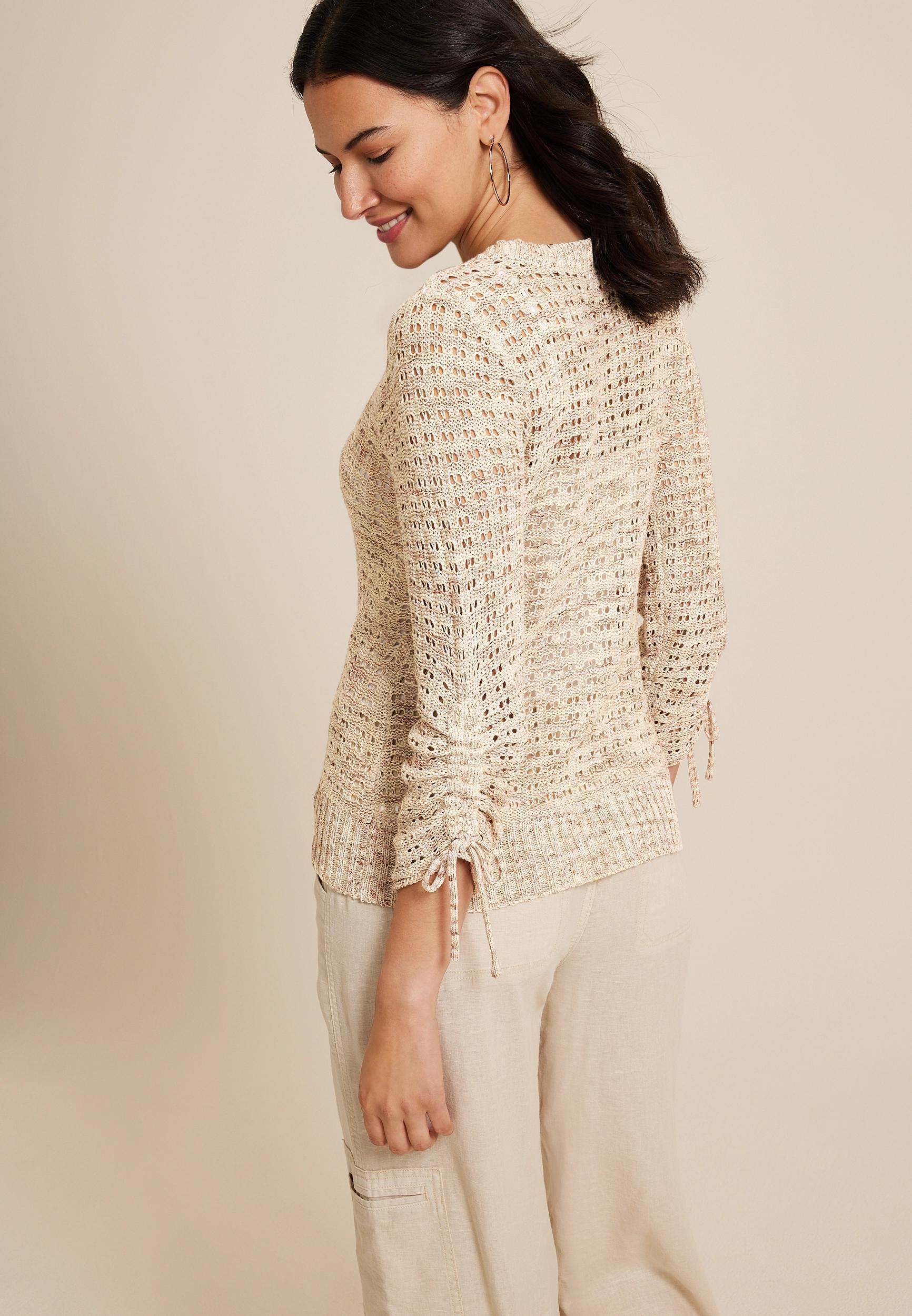 Marled Pointelle Cinched Sleeve Sweater Product Image