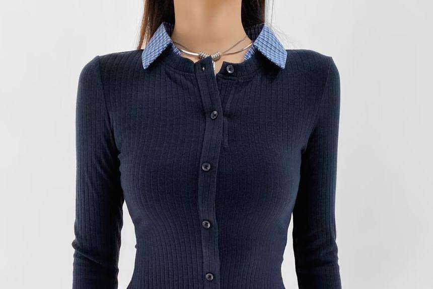 Long Sleeve Collared Mock Two Piece Knit Top Product Image