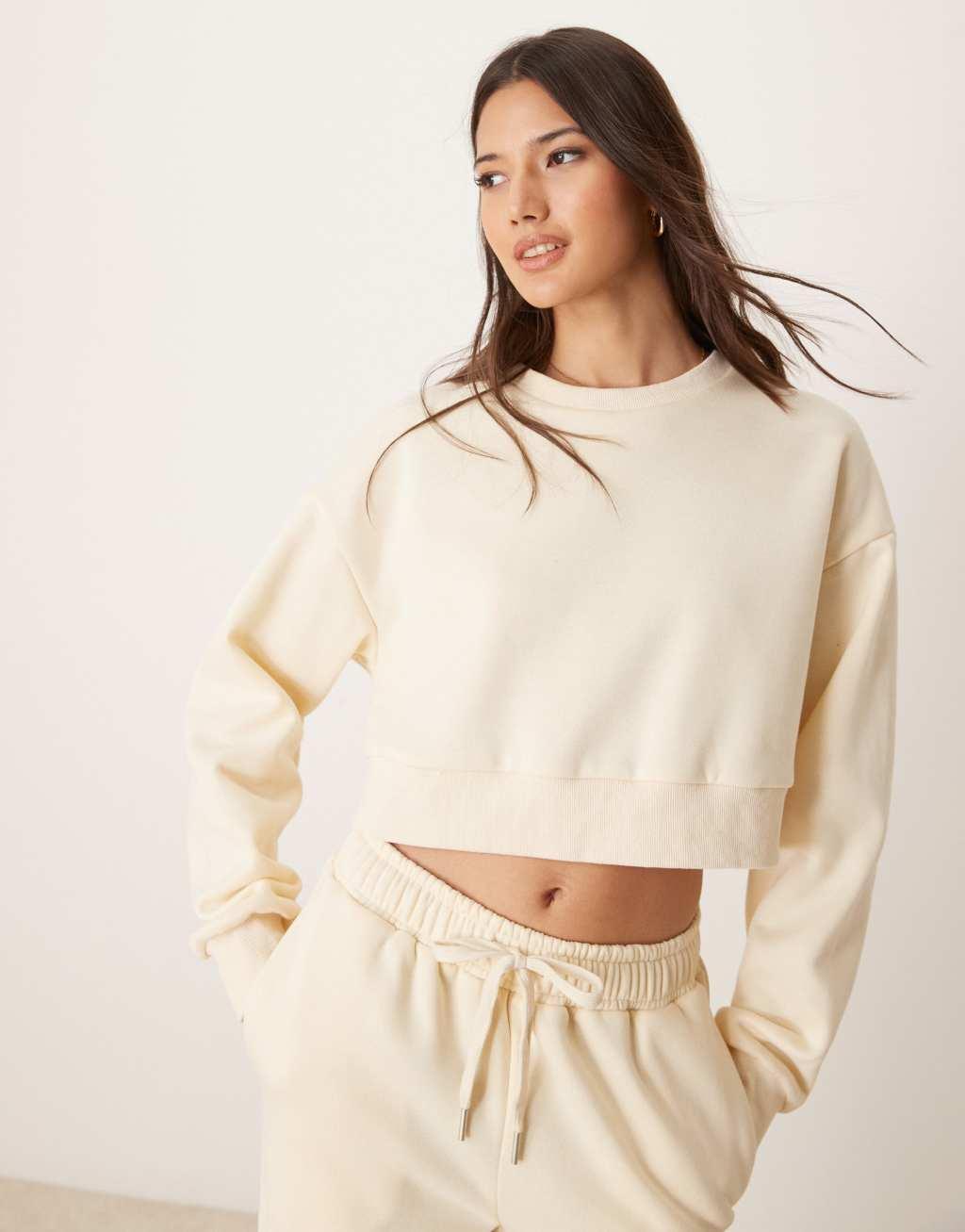 Urban Threads lounge cropped sweatshirt in cream Product Image