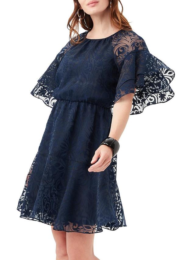 Trina Turk Ferry Sheer Burnout Round Neck Short Ruffle Sleeve Tiered Hem Blouson Dress Product Image