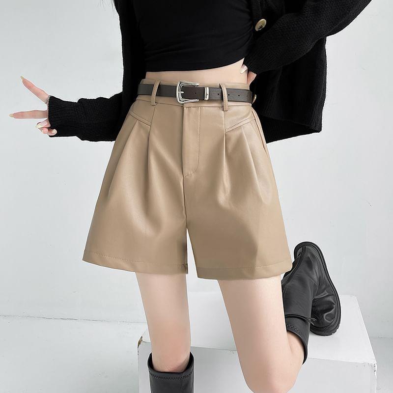 High Waist Faux Leather Plain Shorts Product Image