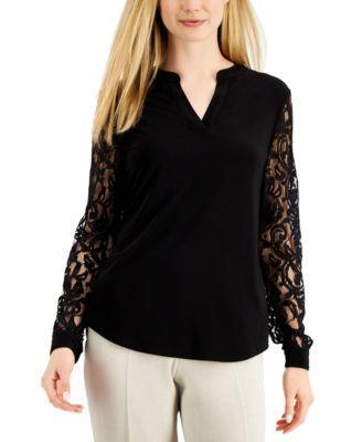 Kasper Split V-Neck Long Lace Sleeve Shirttail Hem Top Product Image