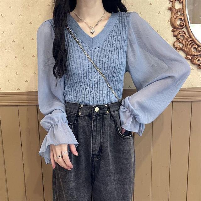 Long-Sleeve V-Neck Cable Knitted Panel Blouse Product Image