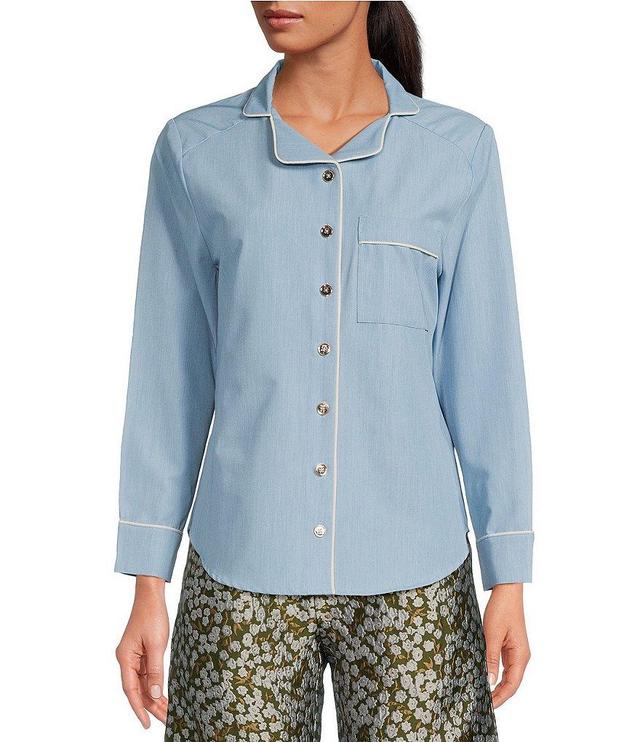 Buru Mel Denim Chambray Notch Collar Chest Pocket Long Sleeve Contrast Piping Button Down Blouse Product Image