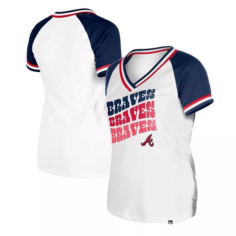 New Era Womens White Atlanta Braves Jersey Double Binding Raglan V-Neck T-Shirt Product Image