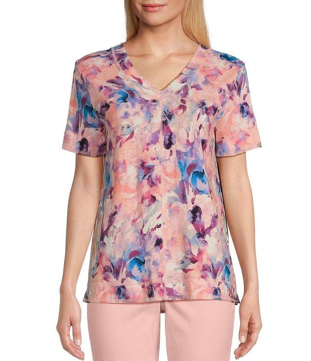 Westbound Knit Floral Whisp Print Short Sleeve V-Neck Top Product Image