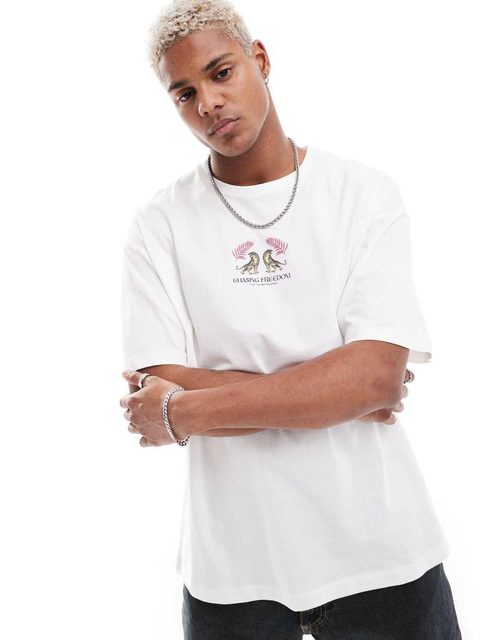 Jack & Jones oversized T-shirt with tiger back print in white  Product Image