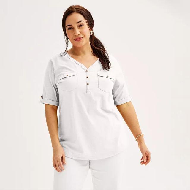 Plus Croft & Barrow Elbow Sleeve Utility Henley Top, Womens Seattle Blue Product Image