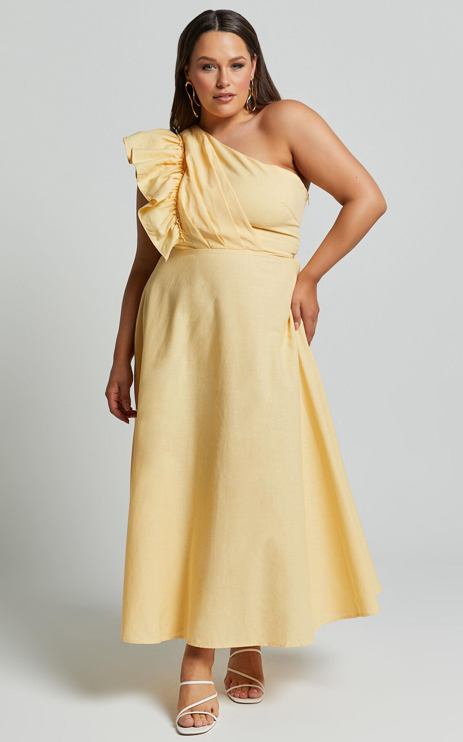 Dixie Midi Dress - Linen Look One Shoulder Ruffle Dress in Lemon Product Image