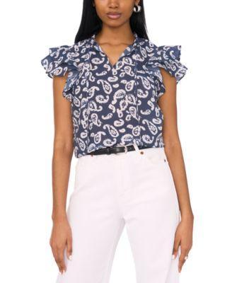 1.state Womens Printed Tie-v-Neck Flutter-Sleeve Top Product Image