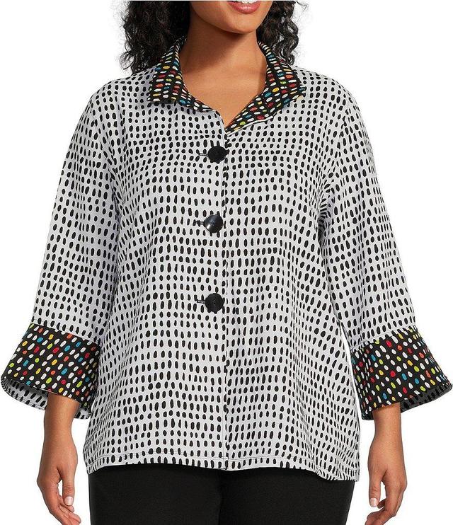 Multiples Plus Size Abstract Dot Print Bark Cloth Wire Collar 3/4 Flounce Sleeve Button-Front Jacket Product Image