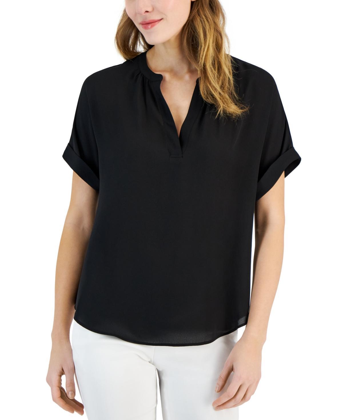 T Tahari Womens Split-Neck Rolled-Cuff Top Product Image