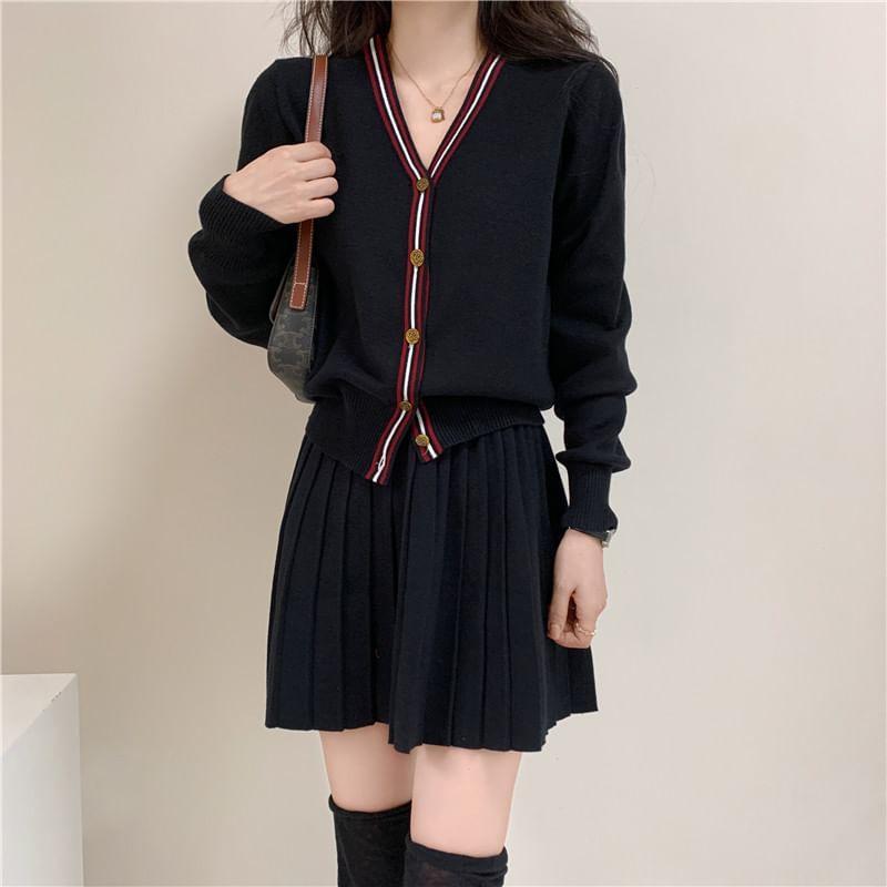 Set: V-Neck Contrast Trim Button-Up Cardigan + High Waist Plain Pleated Knit Mini A-Line Skirt Product Image