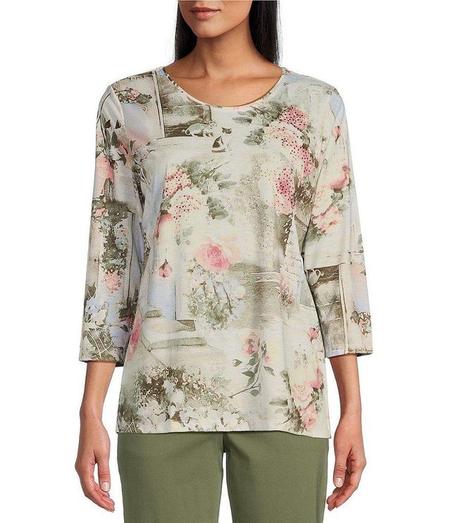 Allison Daley Embellished Country Garden Print 3/4 Sleeve Crew Neck Knit Top Product Image