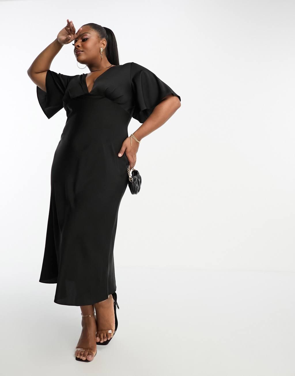 ASOS DESIGN Curve exclusive satin flutter sleeve midi dress in black Product Image