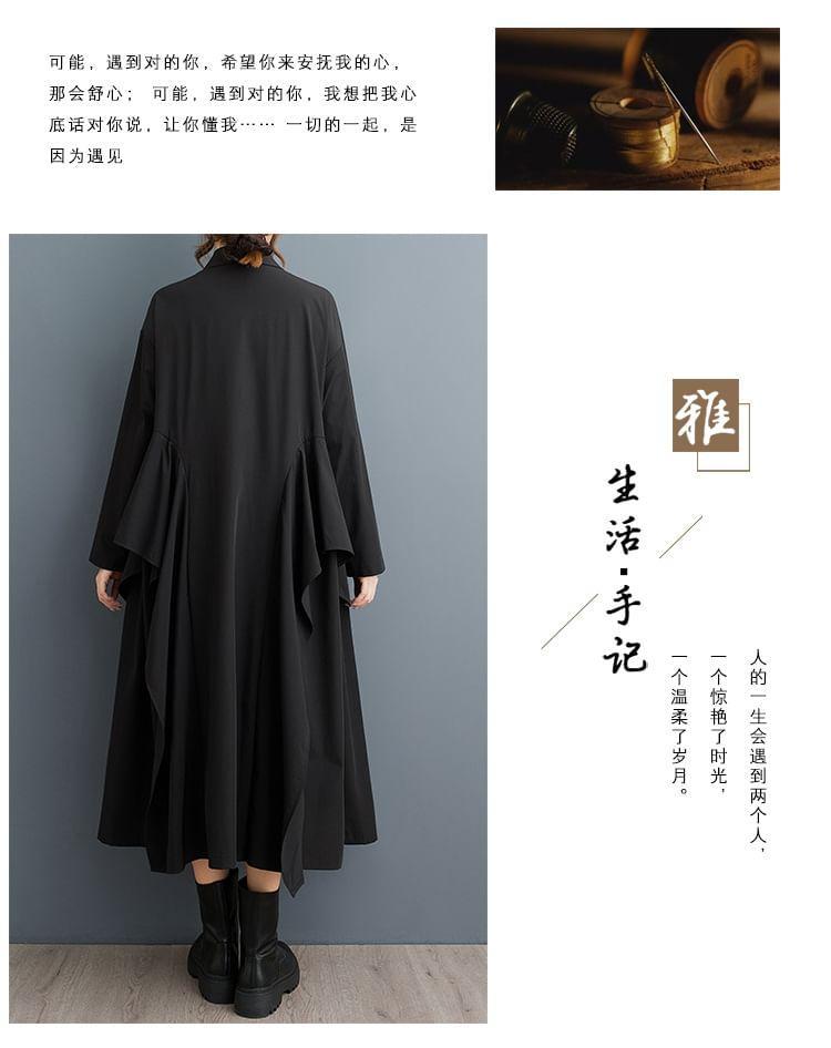 Long-Sleeve Plain Asymmetrical Midi A-Line Shirt Dress Product Image