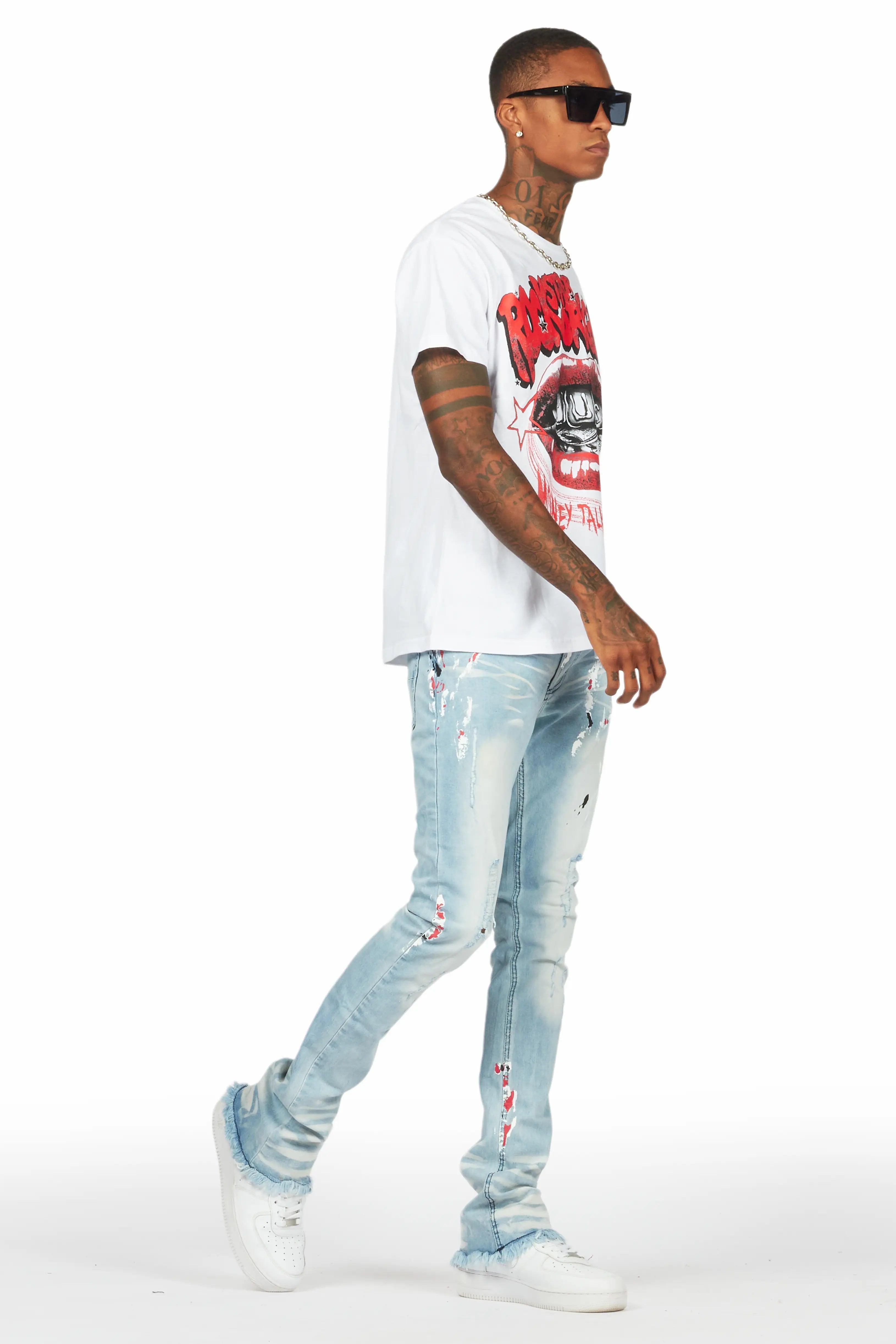 Bloke White/Blue T-Shirt/Stacked Flare Jean Set Male Product Image