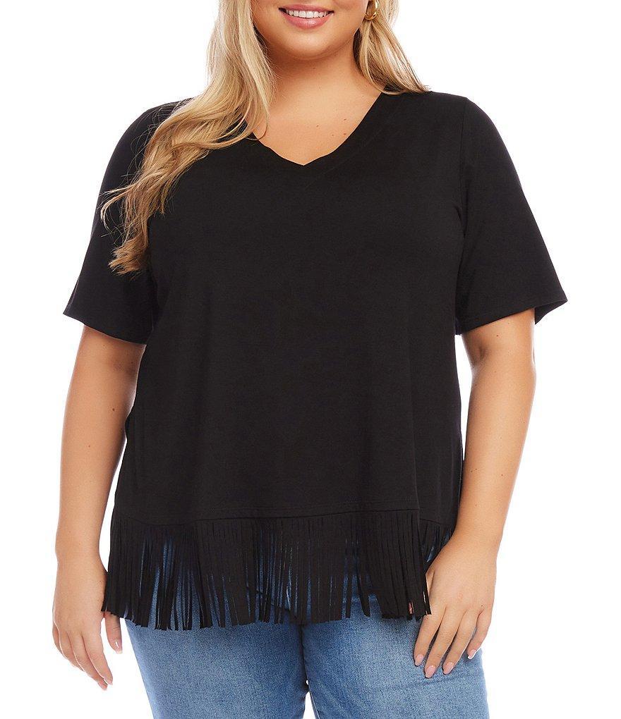 Karen Kane Plus Size Jersey Knit V-Neck Short Sleeve Fringe Hem Top product image