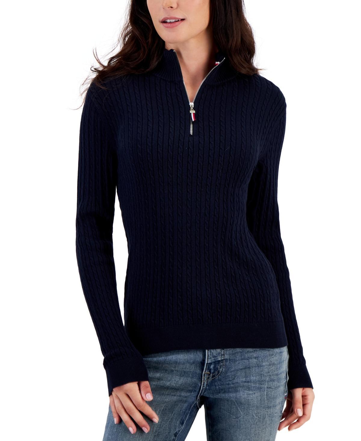 Tommy Hilfiger Womens Cotton Quarter-Zip Cable-Knit Sweater Product Image