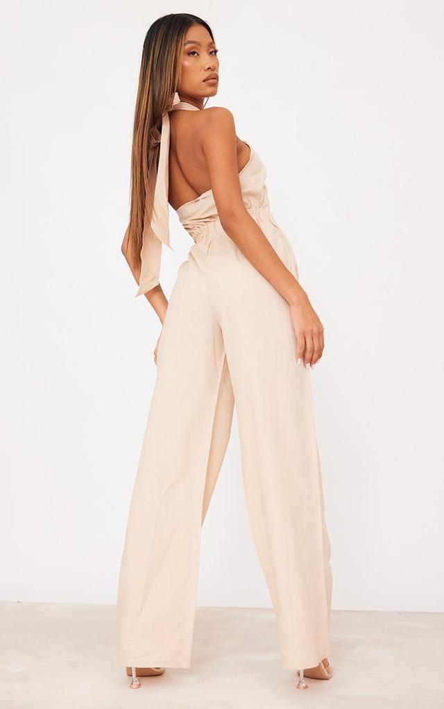 Stone Linen Cross Halter Detail Cut Out Jumpsuit Product Image