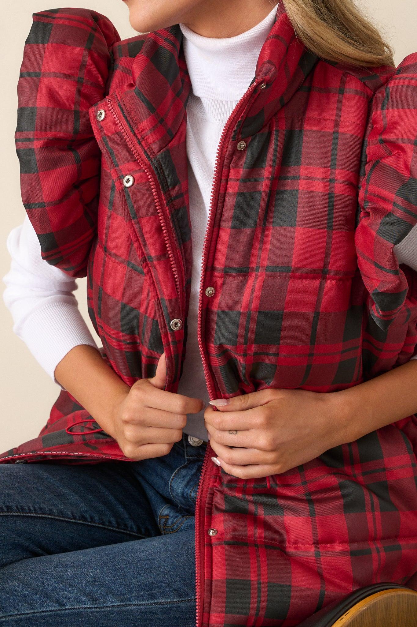 I Found You Red Plaid Flutter Sleeve Puffer Vest Product Image