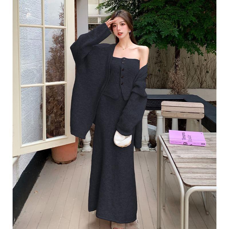 Set: Plain Button Knit Tube Top + Open Front Cardigan + High Waist Maxi Pencil Skirt Product Image