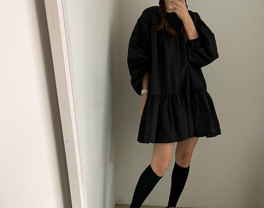 Long-Sleeve Crewneck Plain A-Line Dress Product Image