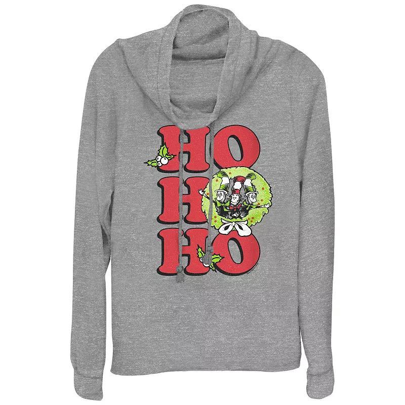 Womens Dr. Seuss The Cat In The Hat Christmas Wreath Ho Ho Ho Cowlneck Graphic Lightweight Long Sleeve Gray Grey Product Image