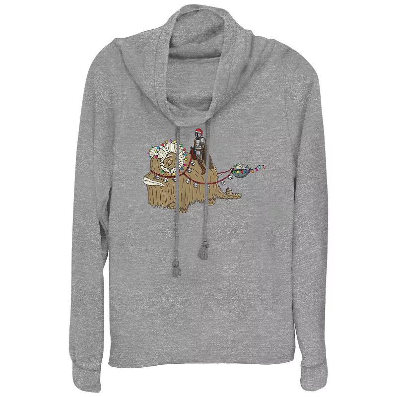 Womens Star Wars The Mandalorian Christmas Ride Cowlneck Graphic Lightweight Long Sleeve Gray Grey product image