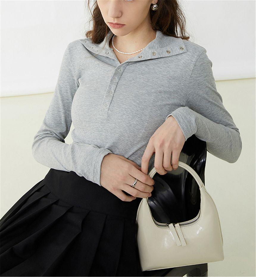 Long-Sleeve Collar Plain T-Shirt Product Image