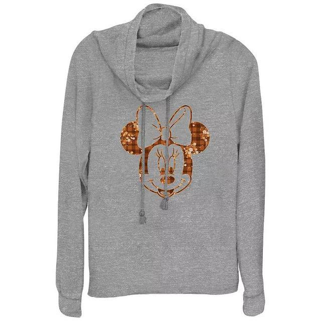 Disneys Minnie Mouse Plaid Floral Print Womens Cowlneck Graphic Lightweight Long Sleeve Gray Grey Product Image