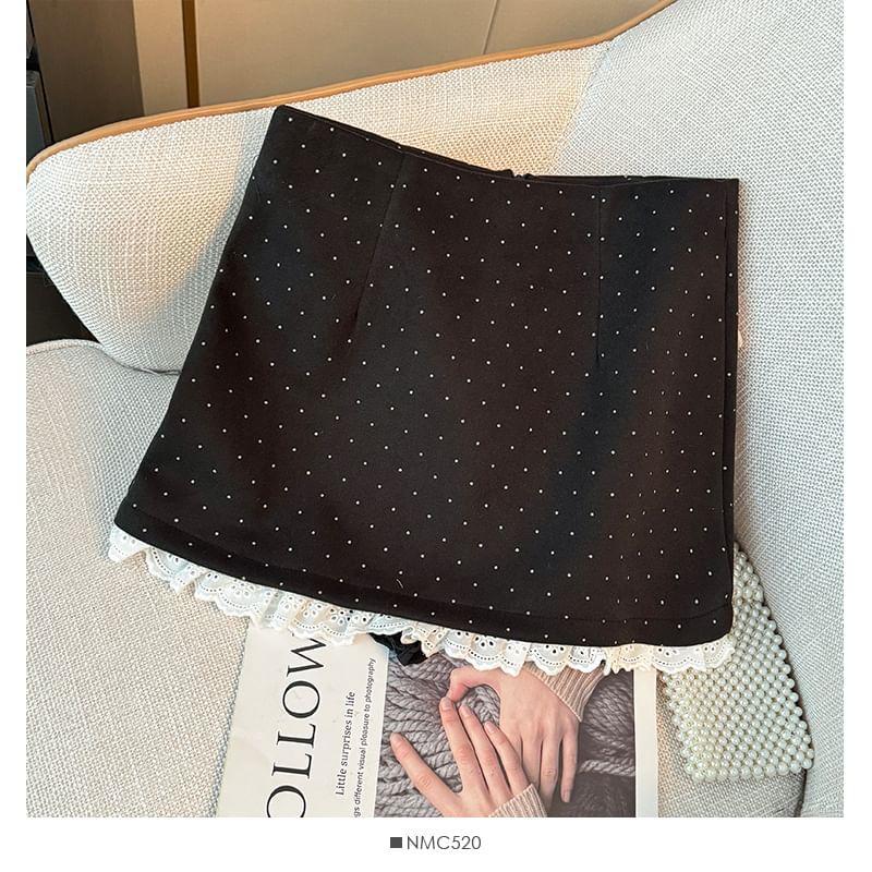 Lace-Hem Dotted Mini Skirt Product Image