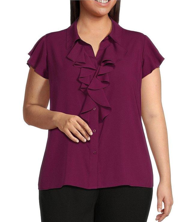 Calvin Klein Plus Size Cap Sleeve Ruffle Button Front Blouse Product Image