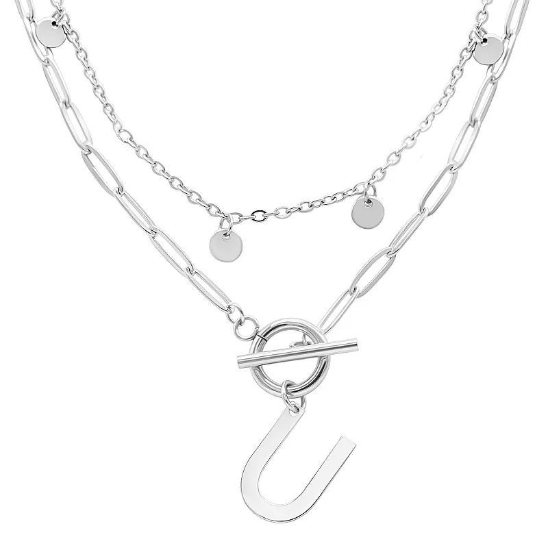 Adornia Silver Tone Confetti & Paperclip Layered Initial Toggle Necklace, Womens Silver Tone U Product Image