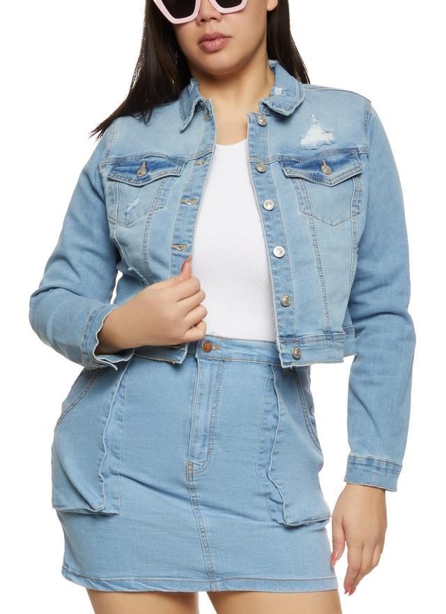 Womens Plus Size WAX Distressed Cropped Jean Jacket Product Image