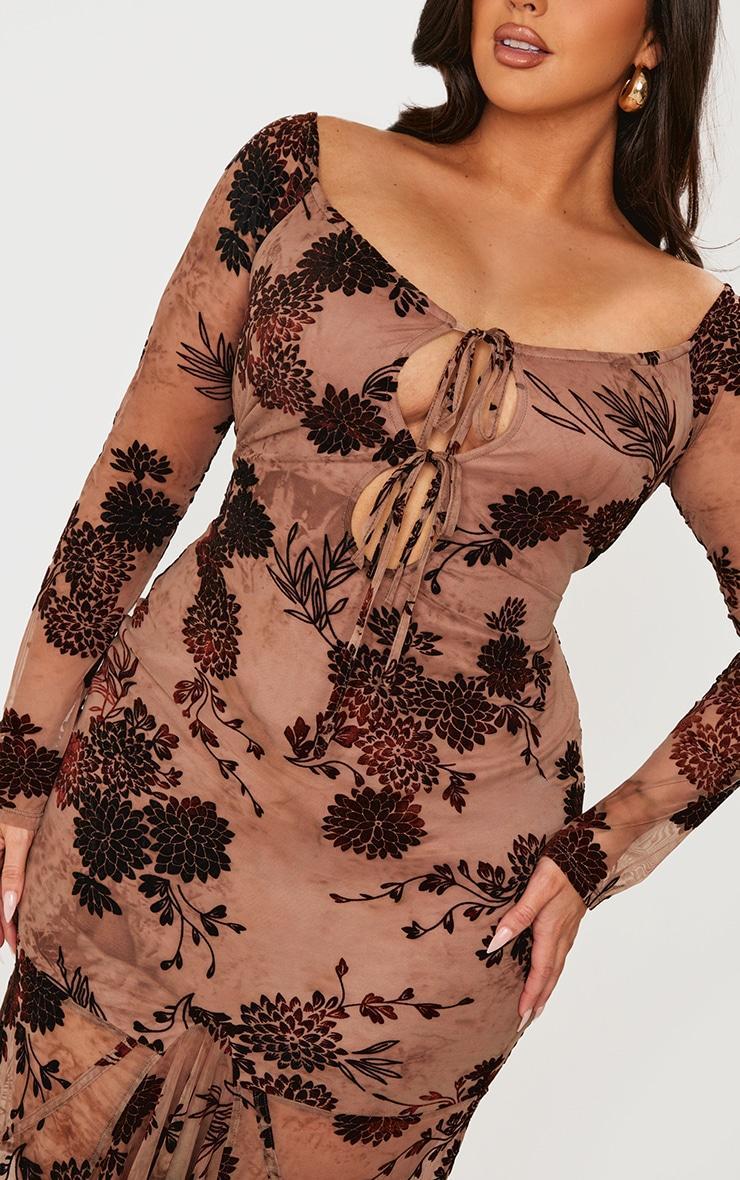 Plus Brown Floral Print Devore Off The Shoulder Long Sleeve Maxi Dress Product Image