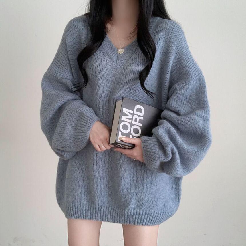 V-Neck Plain Oversized Sweater Product Image