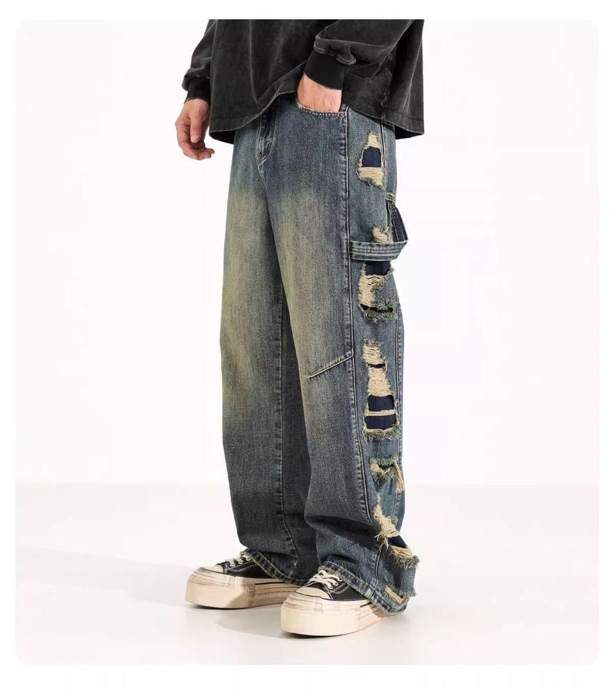 Mid Rise Washed Distressed Wide Leg Jeans Product Image