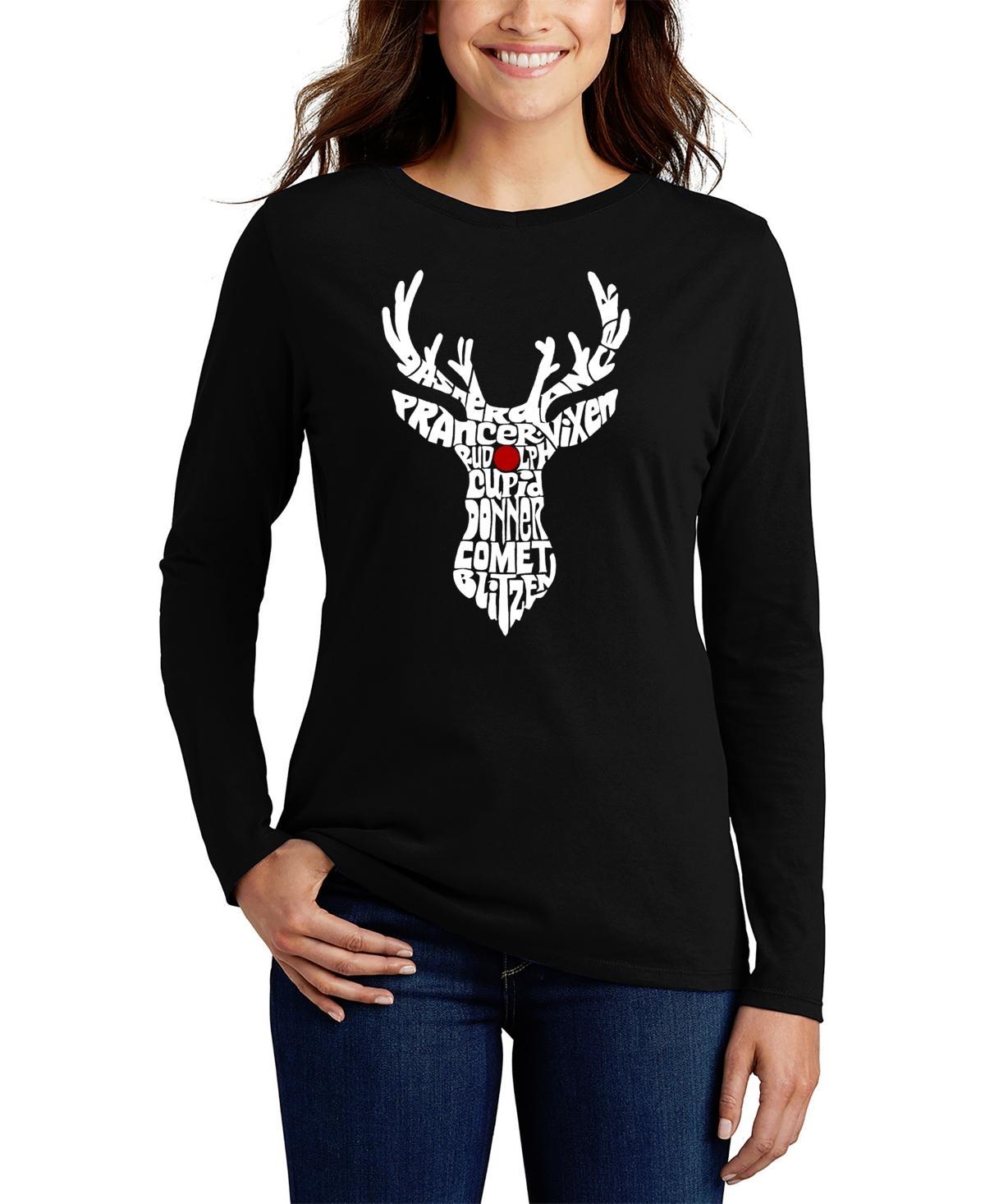 La Pop Art Womens Santas Reindeer Word Art Long Sleeve T-shirt Product Image