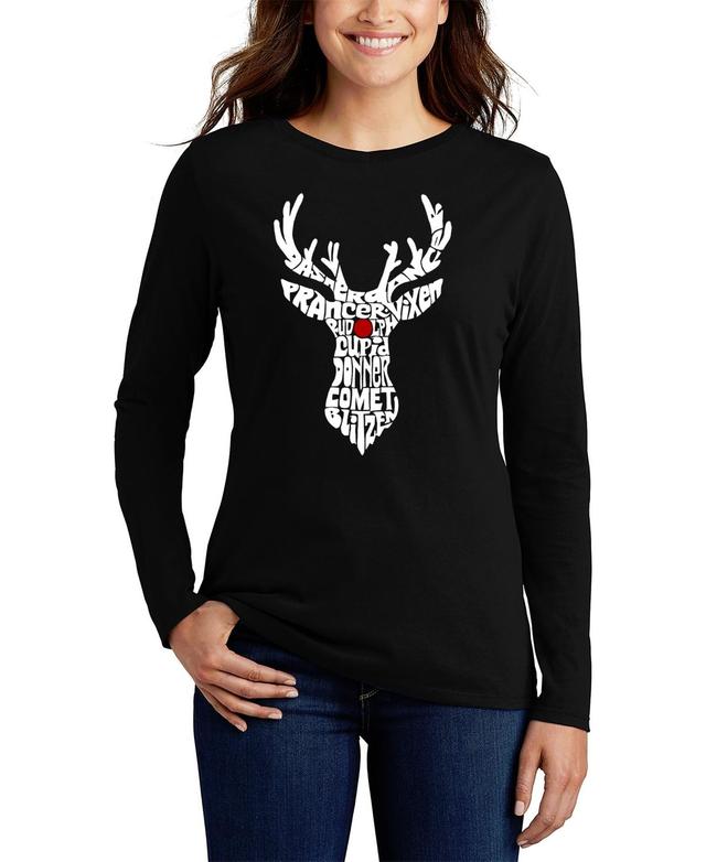 La Pop Art Womens Santas Reindeer Word Art Long Sleeve T-shirt Product Image