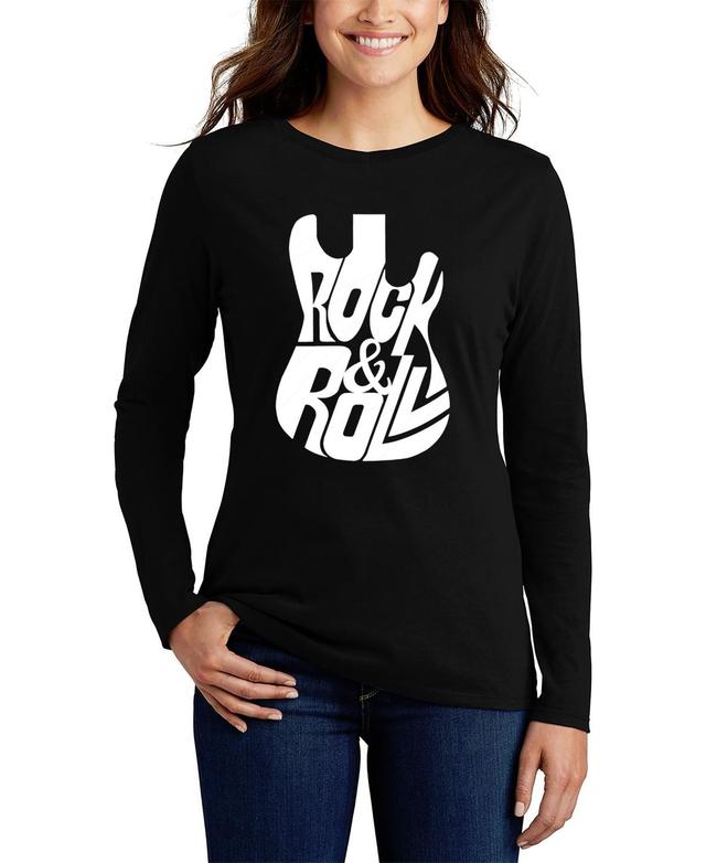 La Pop Art Womens Word Art Rock And Roll Guitar Long Sleeve T-Shirt Product Image