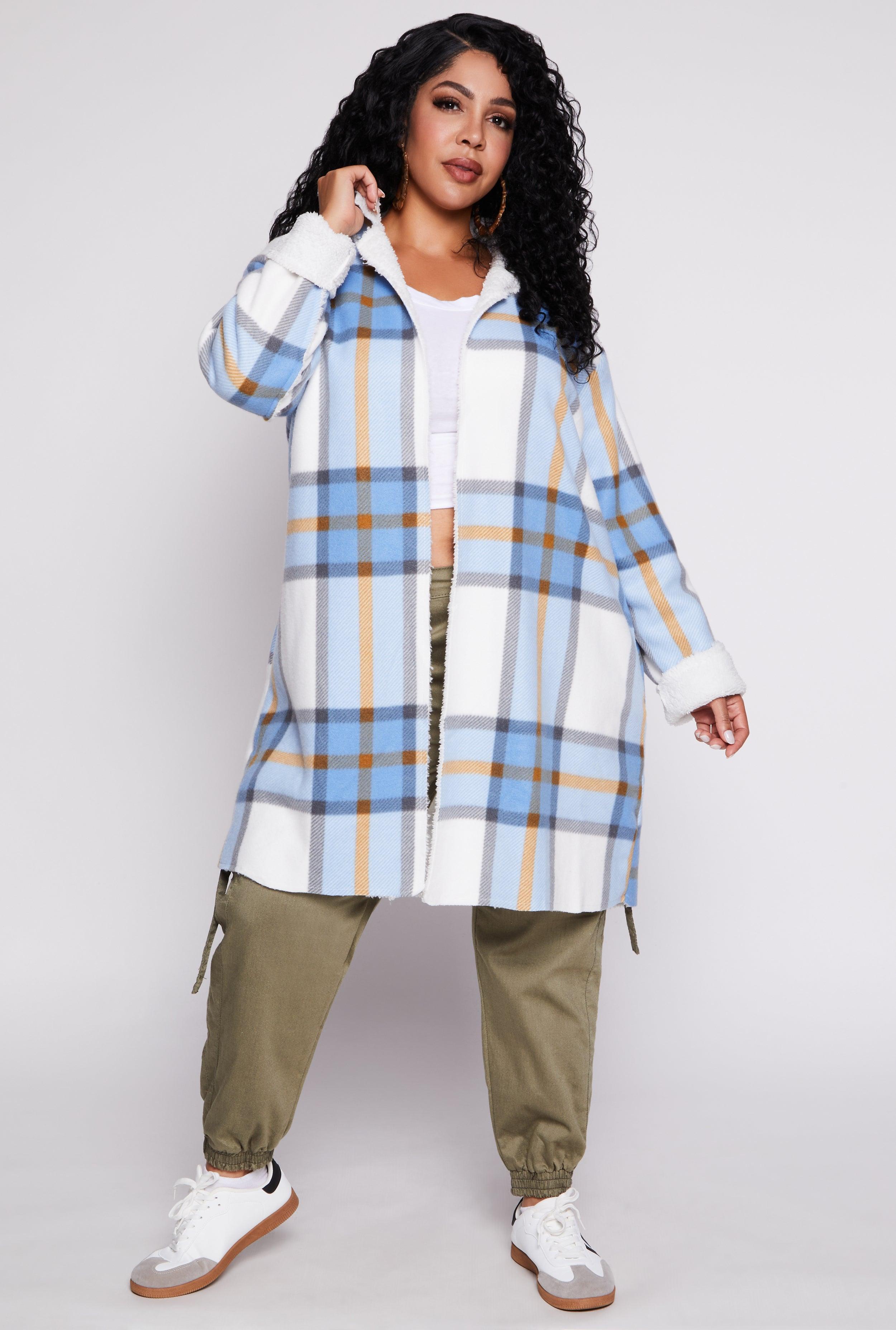 Womens Plus Size Plaid Sherpa Lined Open Front Long Shacket Product Image