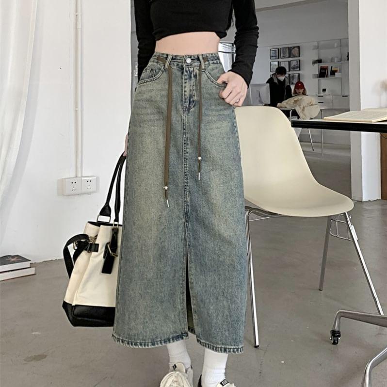 High Waist Washed Slit Midi A-Line Denim Skirt Product Image