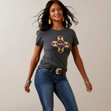 SALE Ariat® Ladies' S/S Ariat Quilt Logo Tee - Charcoal Heather Product Image